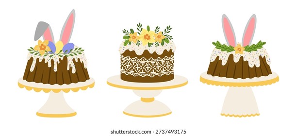 Easter Cake with icing and sprinkles, bunny ears, colored eggs and flowers on cake stand. Traditional Easter cake. Vector Illustration