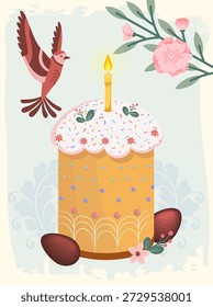 Bolo de Páscoa com glacê e polvilhos, uma vela e ovos de Páscoa vermelhos cercados por pássaros, folhas e flores. Bolo de Páscoa tradicional. Design de cartão de Páscoa brilhante. Ilustração vetorial.