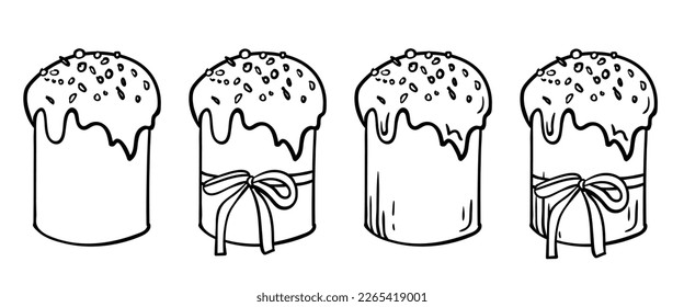 Easter cake with icing and sprinkles isolated on white. Traditional orthodox kulich with ribbon, hand drawn outline sketch. Vector clipart for christian holidays illustration.