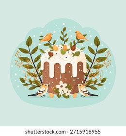 Pastel de Pascua con glaseado y chispas, rodeado de pájaros y hojas. Pastel tradicional de Pascua. Ilustración vectorial.