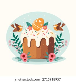 Pastel de Pascua con glaseado y chispas, rodeado de pájaros y hojas. Pastel tradicional de Pascua. Ilustración vectorial.