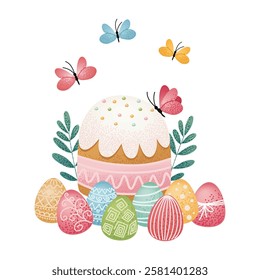 Easter cake with icing surrounded by decorated eggs, green leaves, and butterflies. Cute cartoon illustration. Easter celebration and holiday design for greeting card, invitation, banner, poster.