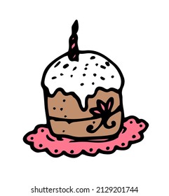 easter cake icon with a candle. a drawing of a brown Easter cake, doodles with white icing and sprinkling on top, hand-drawn on a lace pink napkin with a ribbon bow for an Easter design template