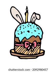 easter cake icon with rabbit ears. a doodle-style cake with turquoise glaze, bunny ears and a pink bow on white for the Easter holiday template