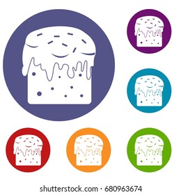 Easter cake icons set in flat circle red, blue and green color for web