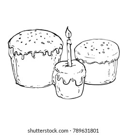 Easter cake Ink hand drawn illustration. Holiday sweet food. Black and white line art vector for coloring book page