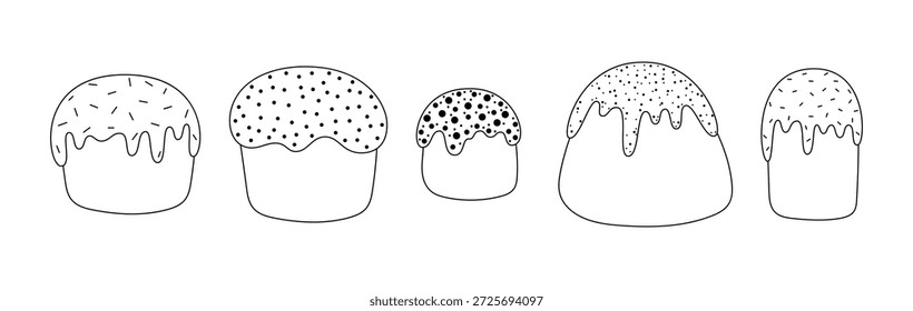 Easter cake, isolated on a white background, black and white contour line illustration, vector. Decorative festive set of elements, baking for Easter, design, postcards, decorations, decorations