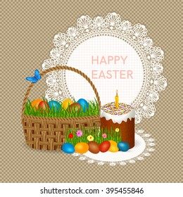 Easter cake kulich, easter basket, easter eggs -  Orthodox Easter greeting card. Vector illustration.
