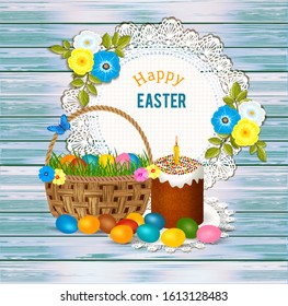 Easter cake kulich with candle, basket, easter eggs on wooden background - Orthodox Easter greeting card. Vector illustration.