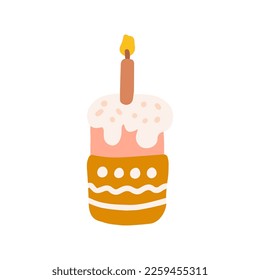 Easter cake with lighted candle, vector flat hand drawn illustration