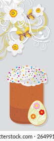 Easter cake on the decorative floral background with butterflies. Vector