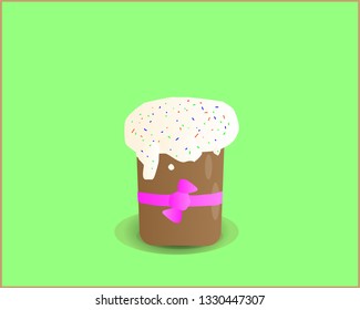 Easter cake on a green background with a pink ribbon