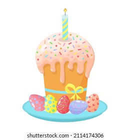Easter cake on a plate with a candle and colorful eggs. Happy Easter symbol with glaze and bow ribbon. Vector illustration.
