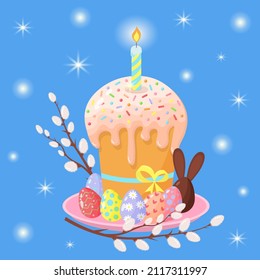 Easter cake on a plate with a candle, painted eggs, willow and chocolate bunny egg. Happy Easter greeting card with shining lights. Vector illustration.