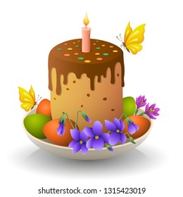 Easter cake on a plate with eggs and flowers