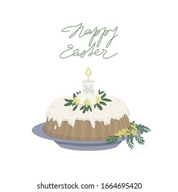 easter cake on a plate with mimosa flowers chicken eggs and candle happy easter lettering vector isolated