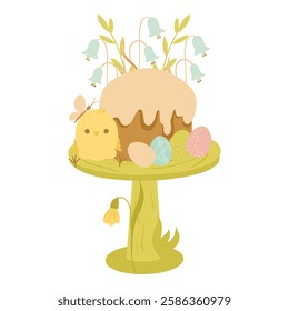 Easter cake on a stand with easter eggs baby chicken and bell flowers vector composition