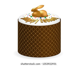 Easter cake on White background in festive packing with Easter chocolate Bunny