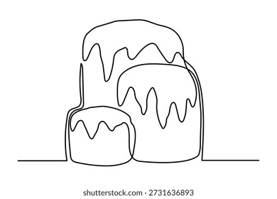 Easter cake one line art, hand drawn sweet pastries traditional continuous contour. Christian orthodox religion holiday Resurrection of Jesus Christ, festive decoration. Editable stroke. Isolated.