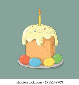 Easter cake and painted eggs on a plate. Sketch color vector illustration