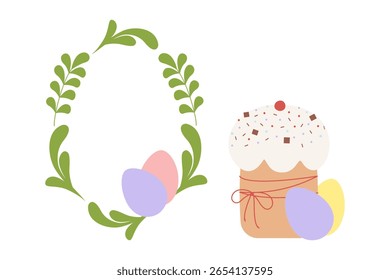 Easter cake and Painted Easter Eggs and Oval Frame of Decorative Leaves and Eggs Copy space Template