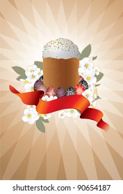 Easter cake or easter paska and easter eggs, flowerses and ribbon. Paska is an Easter bread served at Easter in many Slavic countries.