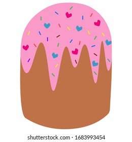 Easter cake. The pastries are covered with pink glaze. The bread is decorated with multi-colored sprinkles in the form of sticks and hearts. Colored vector illustration. Flat style. Light Easter. 