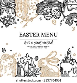 Easter Cake and Pastry banner. Hand drawn Bakery, Kulich, Chocolate Bunny, Colored Eggs design in color. Homemade summer dessert recipe book template. Ilustration for Food Delivery, Cafe Menu, Recipe