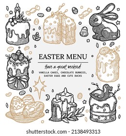 Easter Cake and Pastry banner. Hand drawn Bakery, Kulich, Chocolate Bunny, Colored Eggs design in color. Homemade summer dessert recipe book or Menu template. illustration for Food Delivery, Cafe