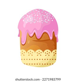 Easter cake with pink icing and yellow lace isolated on white background.