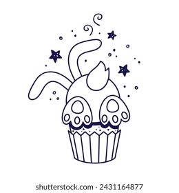 Easter cake - rabbit with ears in cartoon style. Easter bakery with bunny character. Doodle style. Illustration isolated on white background. Hand drawn line art illustration. Kids Coloring book.