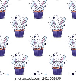 Easter cake - rabbit, hare, bunny in cartoon style. Hand drawn seamless pattern with Easter hare character. Flat design. Doodle style. Illustration isolated on white background.