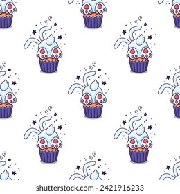 Easter cake - rabbit, hare, bunny in cartoon style. Hand drawn seamless pattern with Easter hare character. Flat design. Doodle style. Illustration isolated on white background.