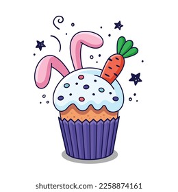 Easter cake with rabbits ears and carrot in cartoon style. Hand drawn Easter bakery with bunny ears. Easter hare cake. Flat design. Doodle style. Illustration isolated on white background.