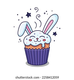Easter cake - rabbits with ears in cartoon style. Easter bakery with bunny character. Hand drawn Easter hare character. Flat design. Doodle style. Illustration isolated on white background.
