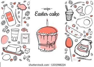 Easter cake recipe two-colored black outline on white background 