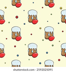 Easter cake and red egg. Festive seamless pattern. Vector illustration for wrapping paper, print, fabric, greeting card