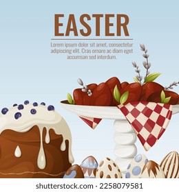 Easter cake, red eggs on a stand, willow branches. Square background with place for text. Vector illustration for spring religious holiday. For banner, poster, postcard