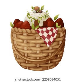Easter cake and red eggs in a wicker basket with a towel, vector illustration for the holiday. Isolated background, cartoon style