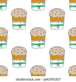 Easter cake seamless pattern with green ribbon and topping on a napkin on a white background.Hand drawing.Spring holiday of Easter.Vector illustration