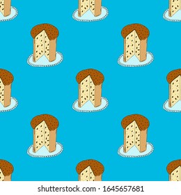 Easter cake seamless pattern with raisins on a napkin on a blue background.Hand drawing.Cake with a cut piece.Spring holiday of Easter.Vector illustration