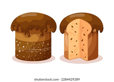 	
Easter cake set. Easter cakes with chocolate icing, whole and sliced. Easter icons, decor elements, vector