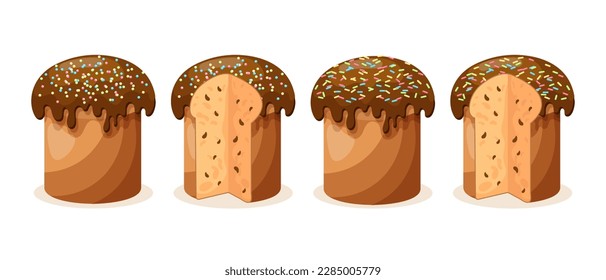 Easter cake set. Easter cakes with chocolate icing, whole and sliced. Easter icons, decor elements, vector