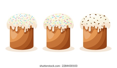 Easter cake set. Cakes with icing, whole and sliced. Easter icons, decor elements, vector