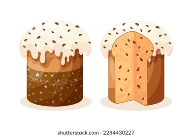 Easter cake set. Cakes with icing, whole and sliced. Easter icons, decor elements, vector