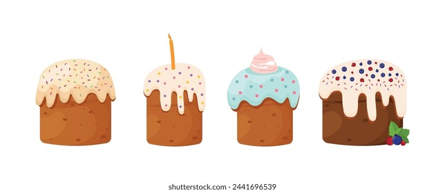 Pastel de Pascua set pasteles de Pascua con glaseado decorado con dulces de confitería. Gráficos vectoriales