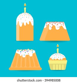 Easter Cake Set Decorated Candle Traditional Food Bakery Set Collection Flat Vector Illustration