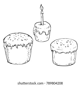 Easter cake set Ink hand drawn illustration. Holiday sweet food. Black and white line art vector for coloring book page