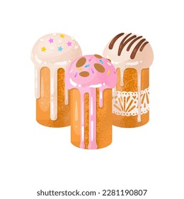 Easter cake set. The traditional celebration of Easter in April. Images for decorating the house in the spring holiday. Sweet pastries covered with icing. Vector illustration.