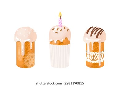 Osterkuchenset. Die traditionelle Feier der Ostern im April. Bilder für die Dekoration des Hauses im Frühlingsurlaub. Süßes, eisbedecktes Gebäck. Vektorgrafik.